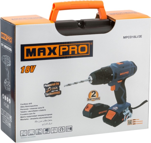ДрельШуруповерт аккумуляторная MAX-PRO 18В; 0-350/0-1250об/мин; 10мм;30Нм;2 батареи (Li-Ion) х1,5Ач;