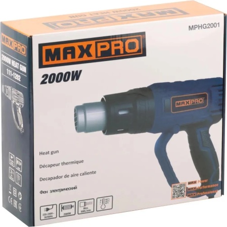 Фен технический MAX-PRO 2000Вт; 60/350/600°C; 500л/мин; 0,76 кг; резиновый кабель;резиновые вставки;